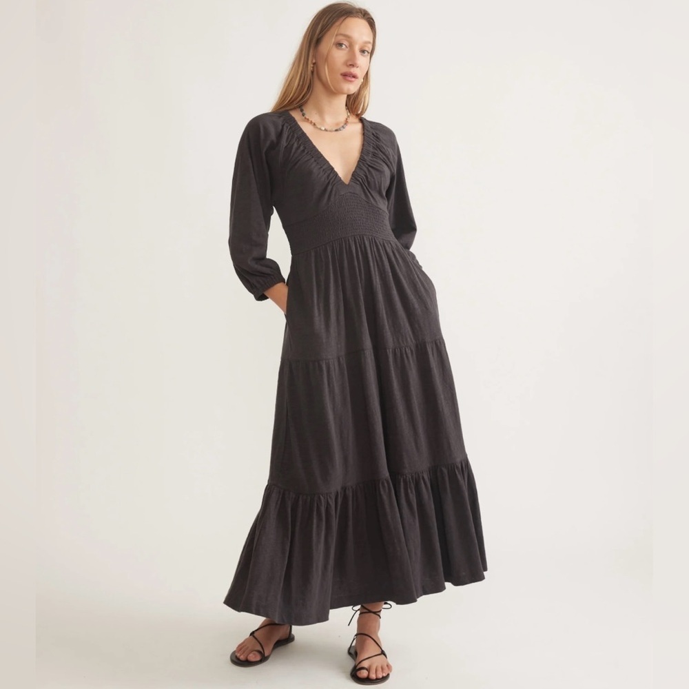 Marine Layer Womens Florence Vintage Slub Midi Dress Sz Small Gray V Neck Pocket